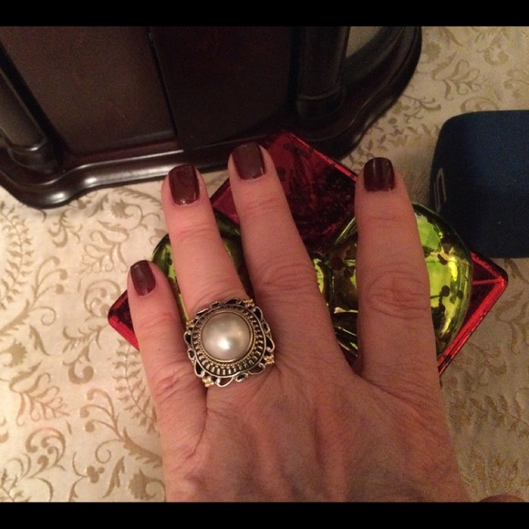 925 Sterling Silver 14 kt Gold Pearl Ring size 6 - Picture 2 of 9